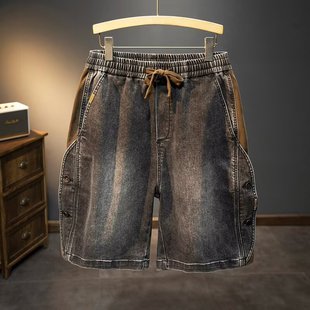 American Retro Patchwork Denim Shorts for Men, Summer New Loose Drawstring Knee-Length Shorts, Trendy Brand, Stylish Casual Mid-Length Shorts
