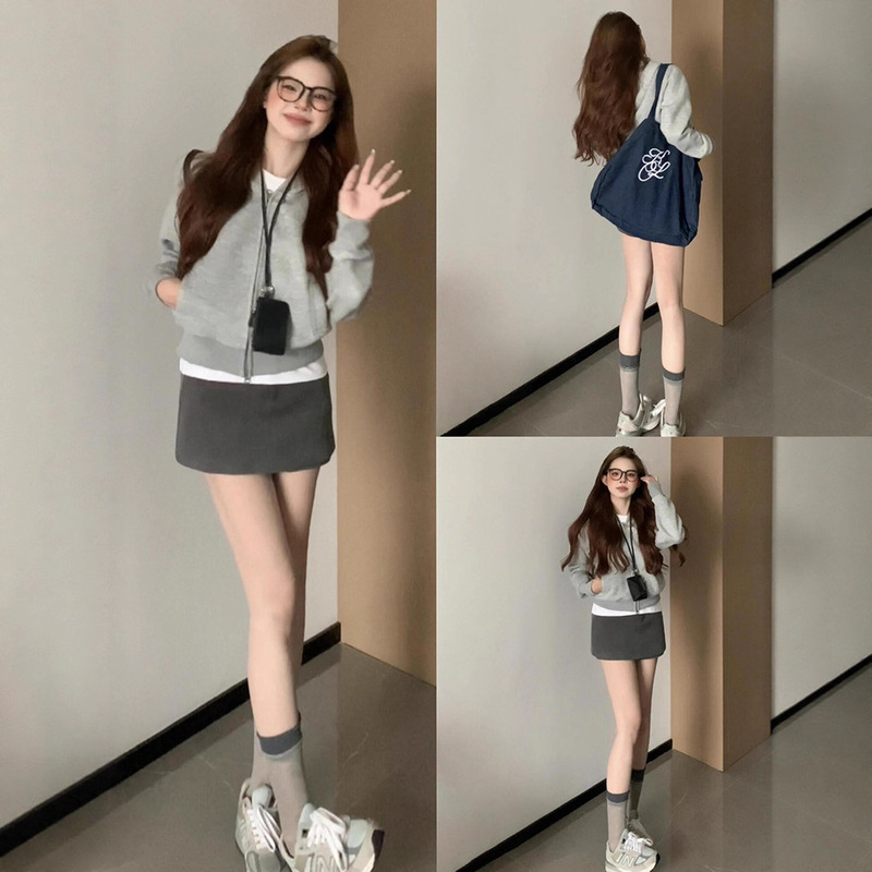 灰色短款卫衣外套女2025新款修身显瘦上衣慵懒风大衣内搭短裙套装|undefined