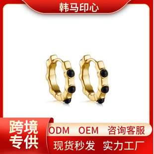 925 silver simple natural stone earring black onyx metal vintage European and American earrings versatile gold plated high quality earrings