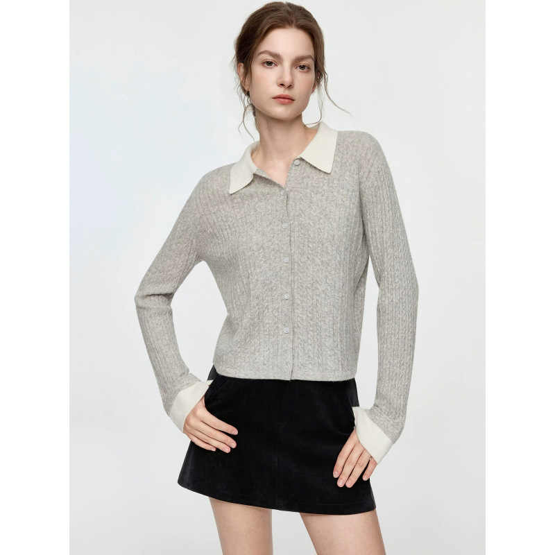 ELLE textured knit cardigan with a shirt collar, women's autumn 2026 new collection, relaxed-fit sweater, made with merino wool ELLE textured knit cardigan with a shirt collar, women's autumn 2026 new collection, relaxed-fit sweater, made with merino wool