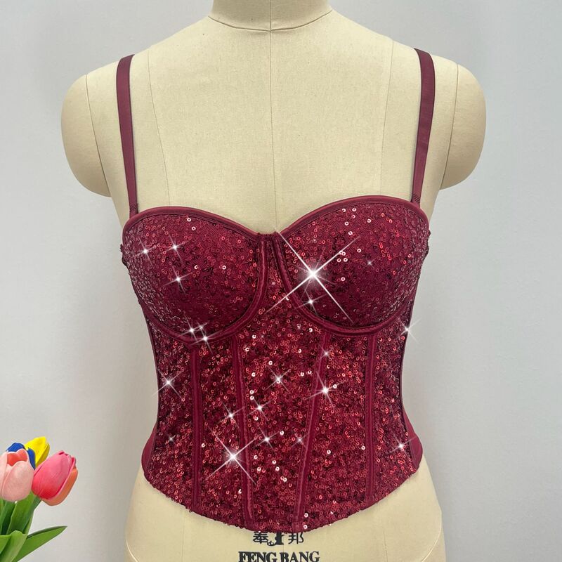 Cross-Border European and American Small Suspender Sequin Tube Top Performance Clothing Sexy Body Shaping Top Bar Disco Fishbone Bra