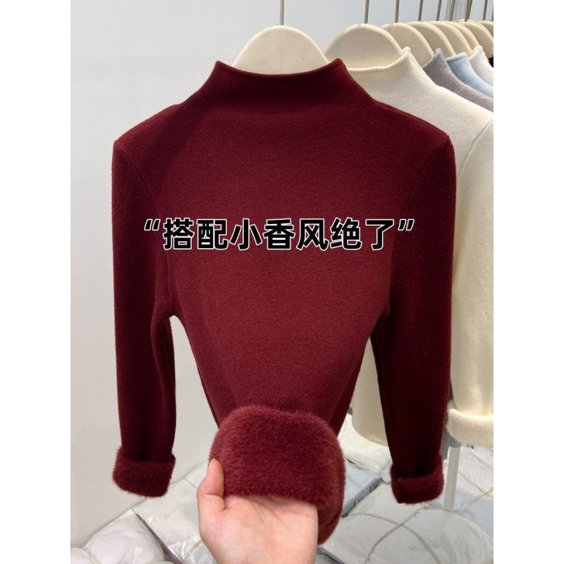 Thickened One-Piece Fleece Autumn and Winter Sweater for Women, Half-Turtleneck Warm Base Layer Top, 2026 Hot-Selling Angora Red Top