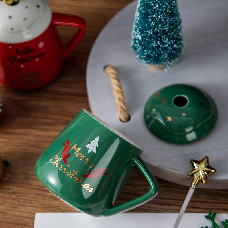 创意陶瓷圣诞杯时尚色釉杯带盖带勺瓷杯厂家批发马克杯水杯咖啡杯