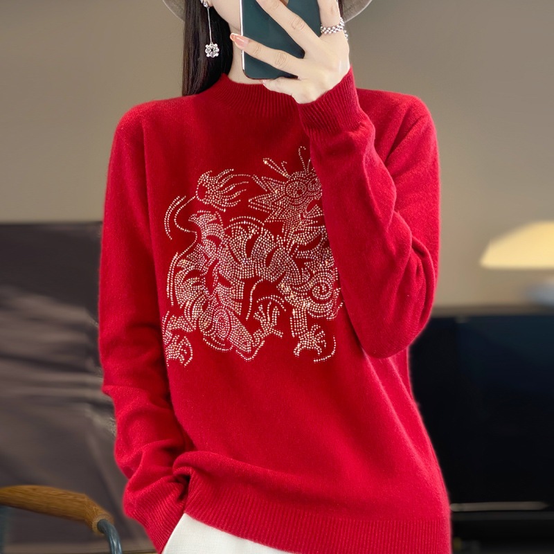 秋冬款一线成衣纯羊毛限定款烫钻新年红针织打底衫百搭套头毛衣女