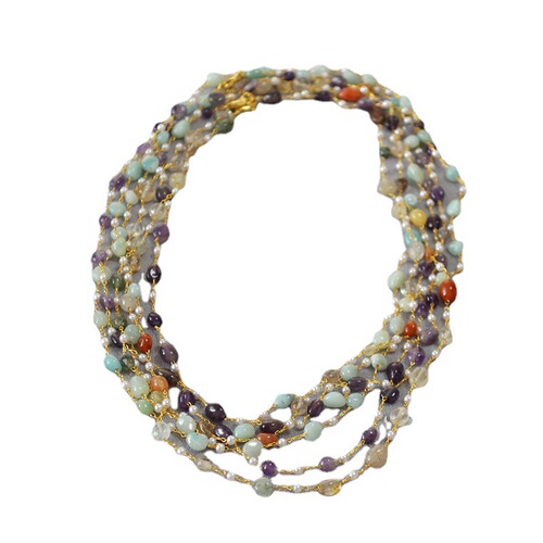 Original Design Autumn/Winter Novelty Natural Stone Handmade Bead Long Pendant Necklace with Double Layer Overlapping Strap for Women