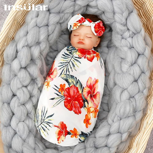新生儿印花包巾胎帽发带三件套宝宝印花包巾婴儿襁褓巾套装跨境