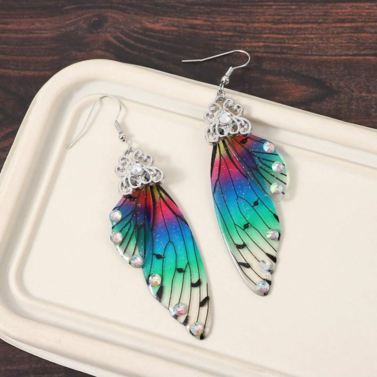 Corea del Sur elegante larga mariposa alas pendientes de novia personalidad femenina moda animal pendientes simulación cigarra alas pendientes