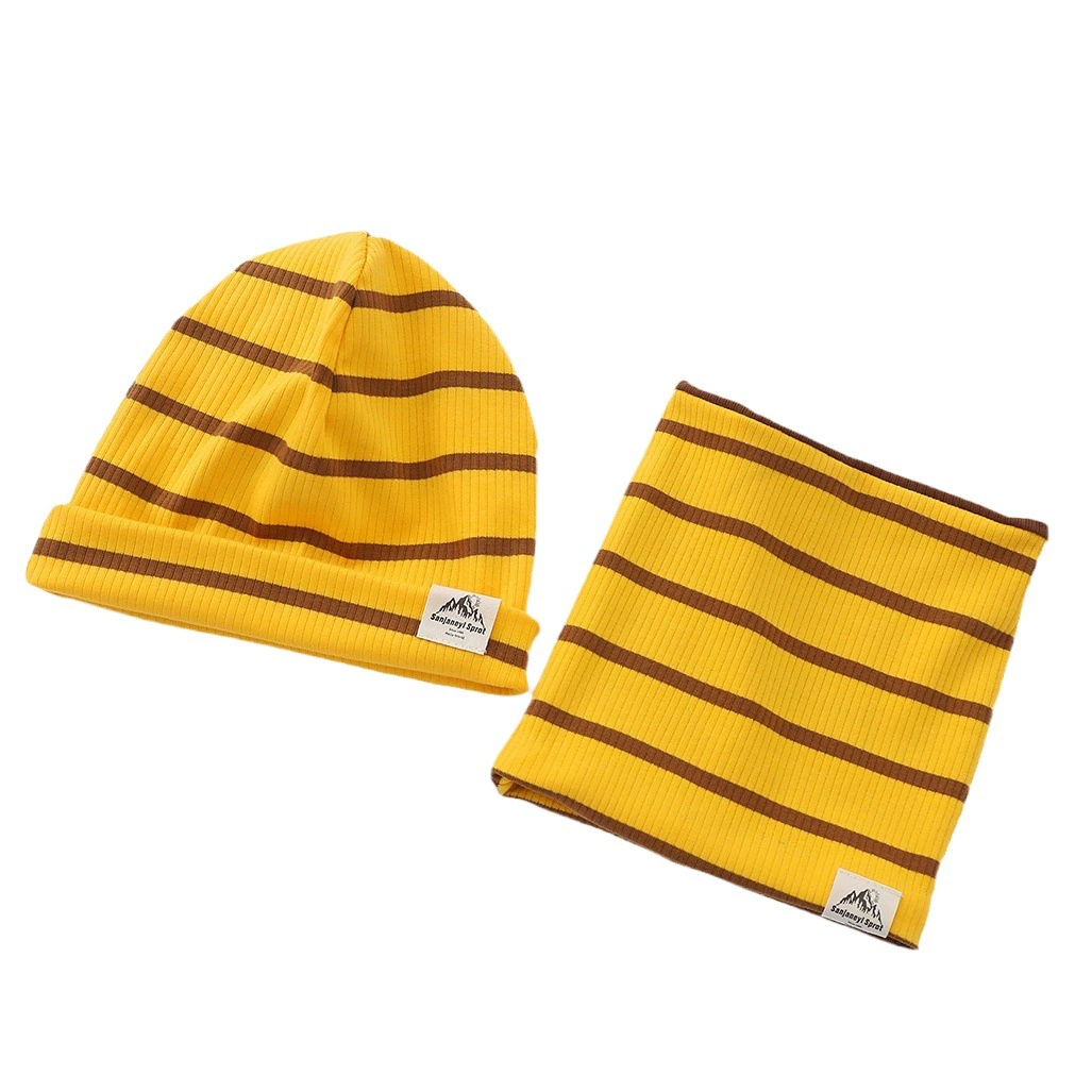 Полосатая детская осенне-зимняя теплая вязаная шапка для мальчиков и девочек, шарф, комплект из двух предметов, шапка с наушниками для мальчиков и девочек