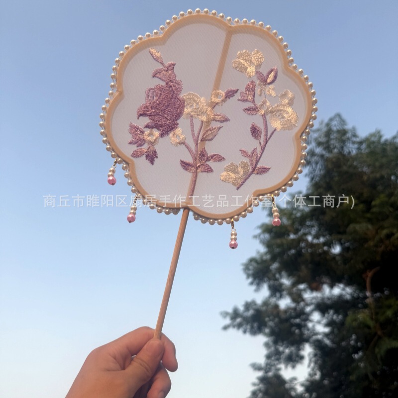 中国风玫瑰刺绣团扇舞蹈扇古典舞表演扇子汉服搭配拍照长柄团扇子|undefined