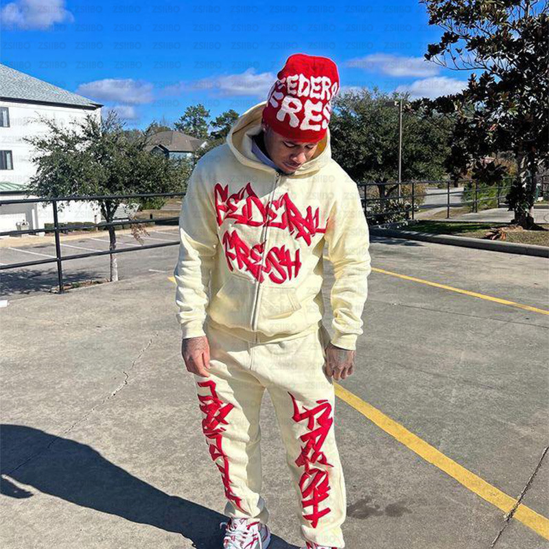 Felpa con cappuccio e cerniera in stile hip-hop americano da uomo, stampata e personalizzata, da donna_voghion.com