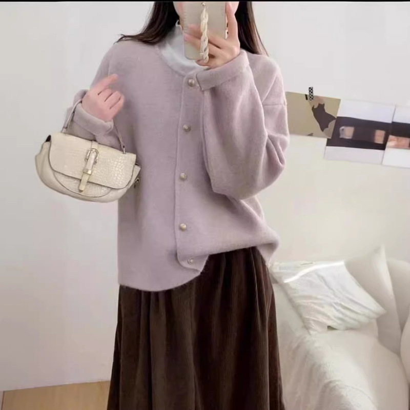 妙安娜~单排扣纯色圆领毛衣外套女高级感时尚韩版针织开衫慵懒风|undefined
