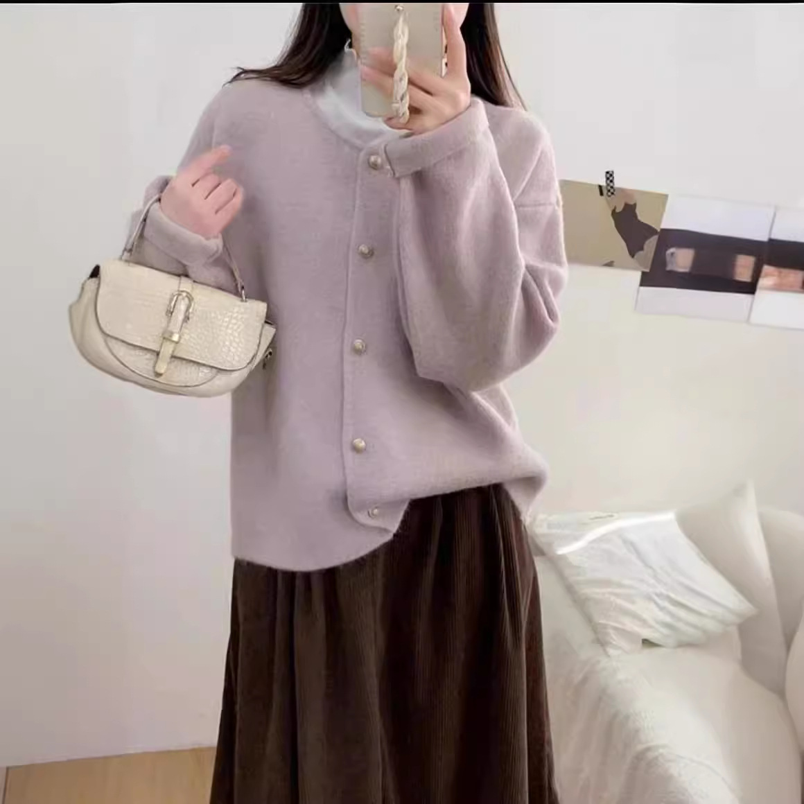 miaona ~ single-breasted solid color round neck sweater coat women‘s high sense fashion korean style knitted cardigan idle style