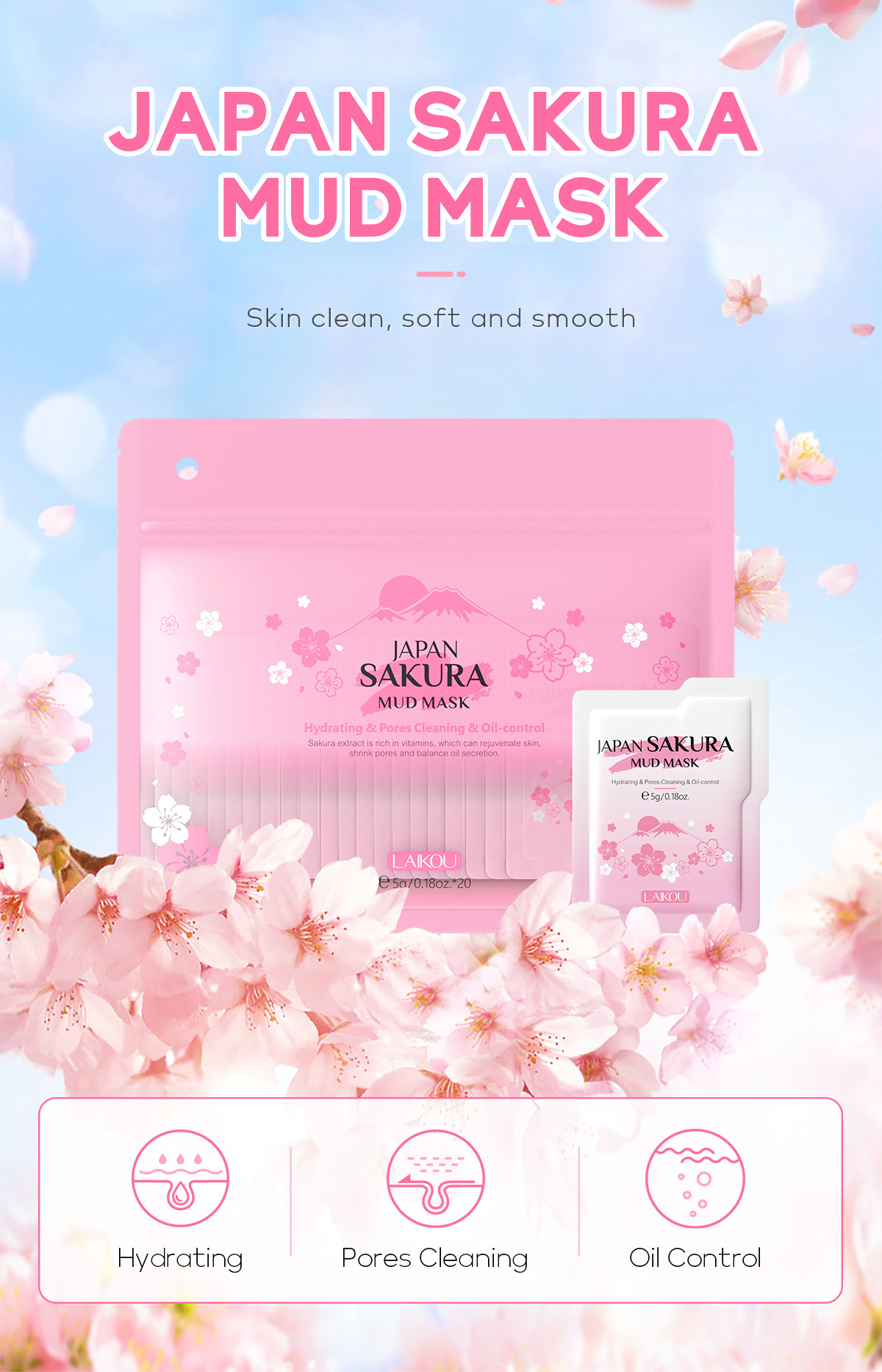 Cross-border new product Laikou Cherry Blossom Mud Mask 5g*20pcs Hydrating, pore-cleaning and moisturizing, available for wholesale from the manufacturer undefined