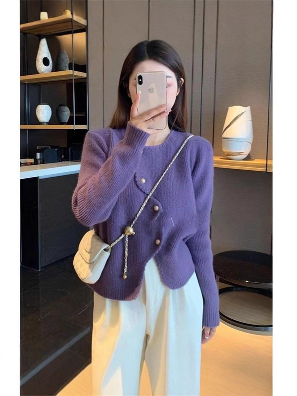 女性用の不規則な小さな香りのニットカーディガン、春と秋のデザイン、ニッチで優しく、柔らかく、ワックスのようなルーズなショートセータージャケット|undefined