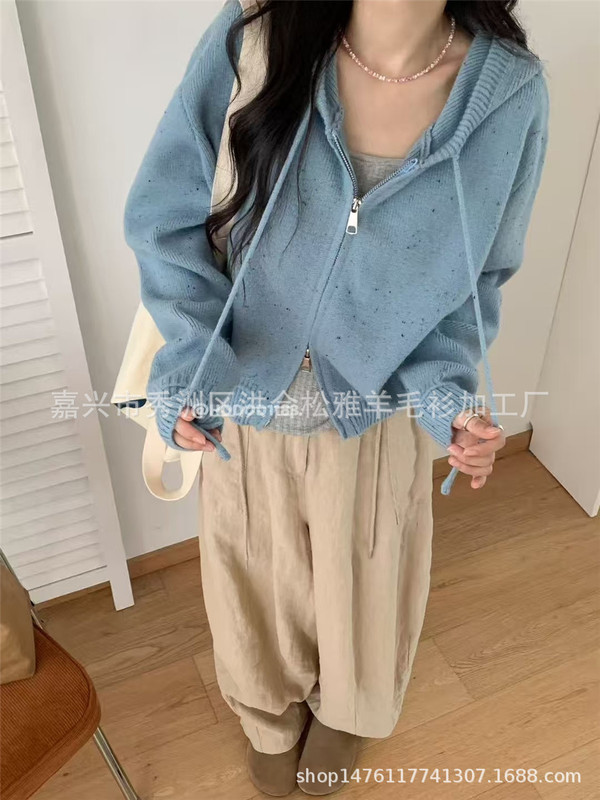 韩系高级感小个子连帽针织开衫女秋冬新款宽松拉链毛衣外套短上衣|undefined