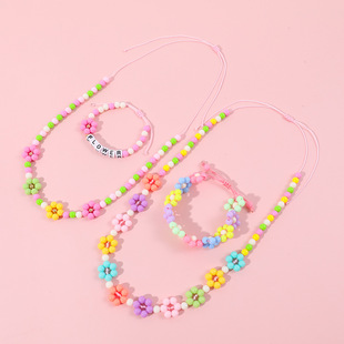 Children's Handmade Woven Flower Necklace Bracelet Set Macaron Color Acrylic Bead for Girls