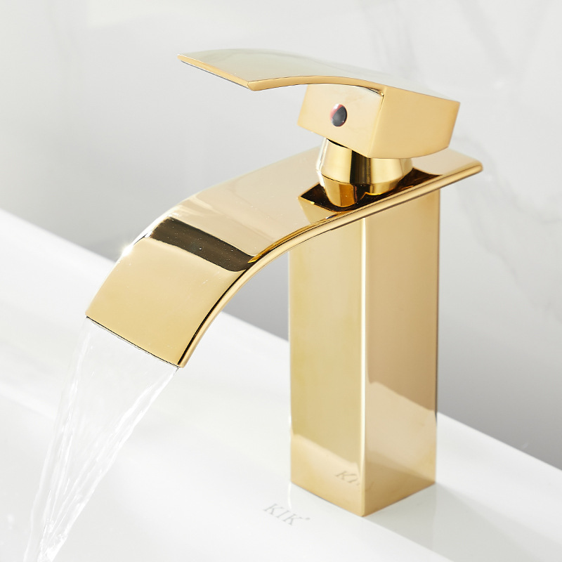Luz de lujo caliente y fría lavabo solo agujero grifo baño gabinete alto baño lavabo alto oro cascada grifo