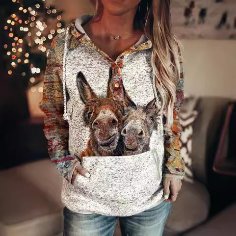 Women's Long-Sleeve Patterned Print Hooded Sweatshirt with Relaxed Urban Leisure Style, Pure Color, Fall Edition, European and American Style