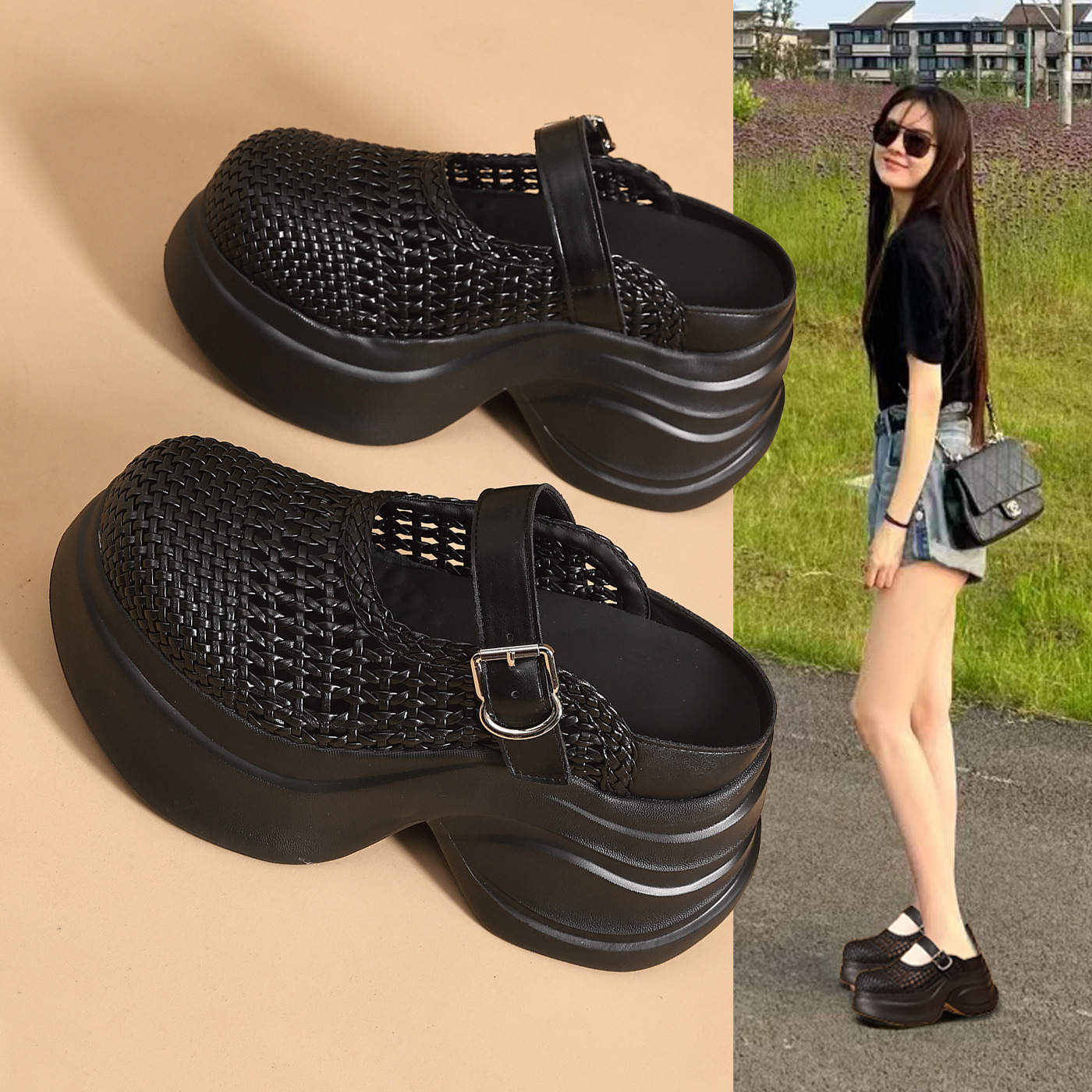 Dép sandal nữ đế dày tăng chiều cao, quai chữ V, mũi kín, phong cách xốp mát — màu đen