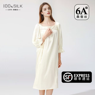 新款真丝睡裙法式方领公主裙100%桑蚕丝家居服宽松大码泡泡袖睡裙