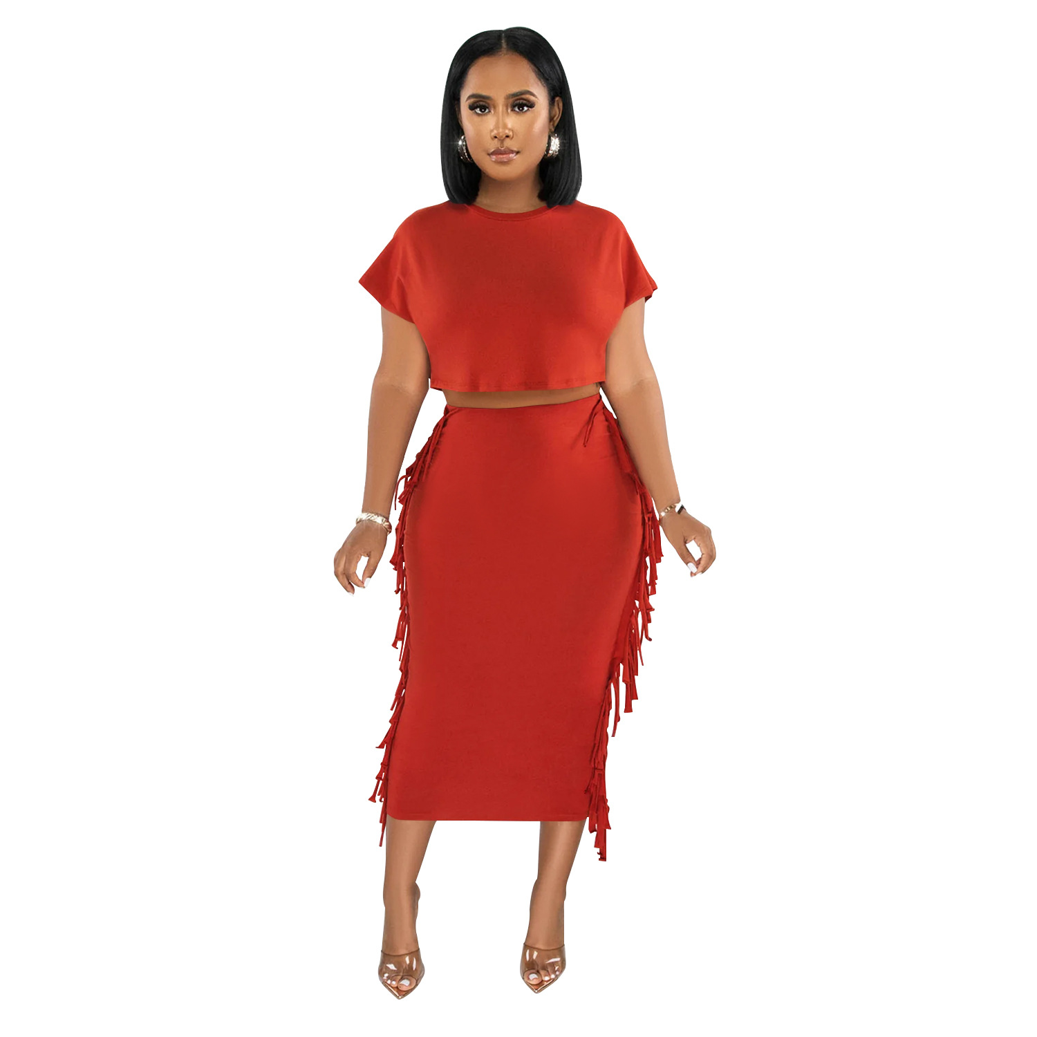X6331 transfronterizo AliExpress Amazon ropa de mujer de moda europea y americana borla de color sólido cuello redondo Vestido de manga corta conjunto de dos piezas