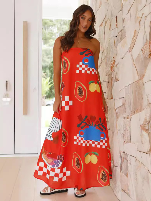 Amazon Cross-Border Foreign Trade European and American Women's Clothing Printed Strapless Long Dress Sexy Fashion Vacation 8025 Amazon Cross-Border Foreign Trade European and American Women's Clothing Printed Strapless Long Dress Sexy Fashion Vacation 8025