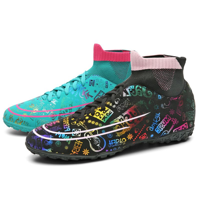 2023 más tamaño nuevo graffiti cómodo zapatos de fútbol de los hombres transpirable de alta superior roto zapatos de fútbol zapatos de entrenamiento de hierba