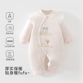 新生儿纯棉夹棉爬服婴儿偏襟连体衣150g棉花衣女宝宝无骨刺绣哈衣