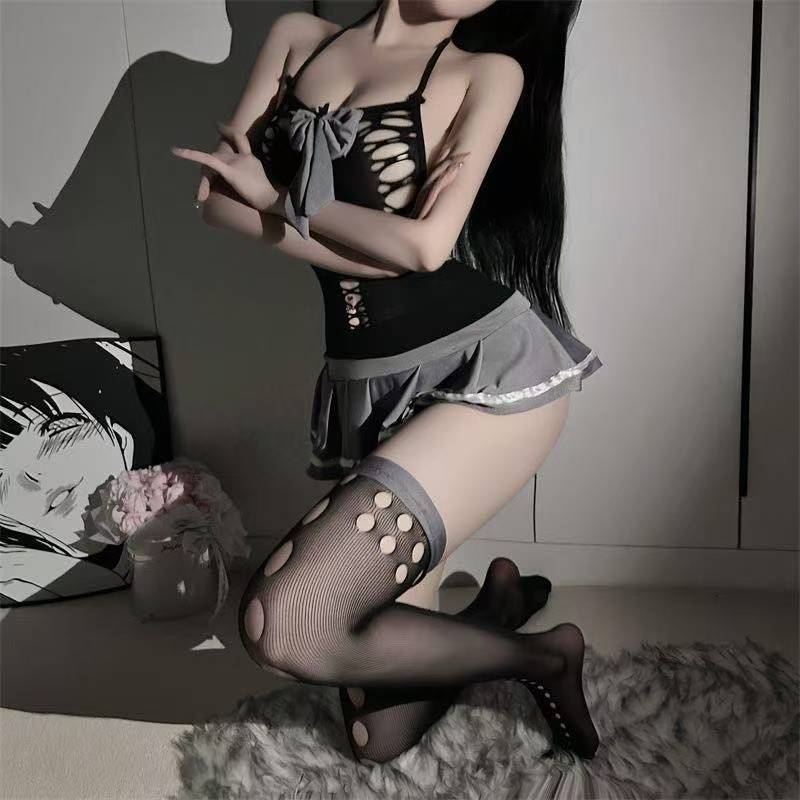 Mesh Student-Style Role-Play Lingerie Set with Matching Stockings, Polyester Patchwork Dress — detail image 5
