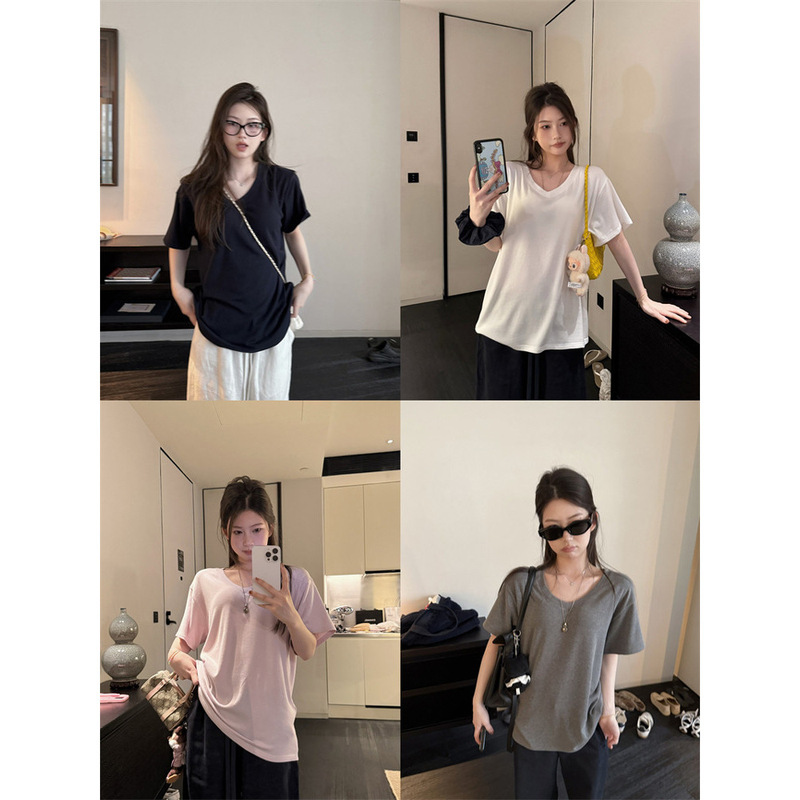 A must-have item: Kendall Jenner style cloud-draped loose V-neck T-shirt for women, summer short-sleeve top # 4570J A must-have item: Kendall Jenner style cloud-draped loose V-neck T-shirt for women, summer short-sleeve top # 4570J