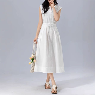 鑫阁连衣裙女裙子2025夏季新款松紧腰显瘦无袖优雅长款休闲女装