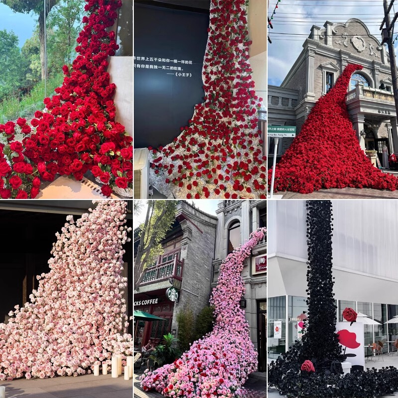 Xiaohongshu Outdoor Rose Waterfall Flower Wall Mall Display Artificial Photo Shoot Arrangement Fake Flower Sea Rose Bouquet