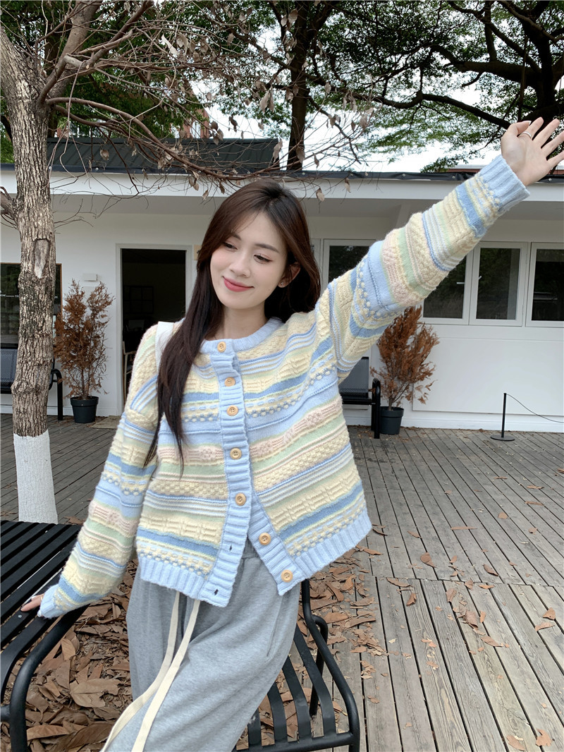 K New Loose Striped Cardigan Versatile Knitted Sweater Thin Open Cardigan For Women_voghion.com
