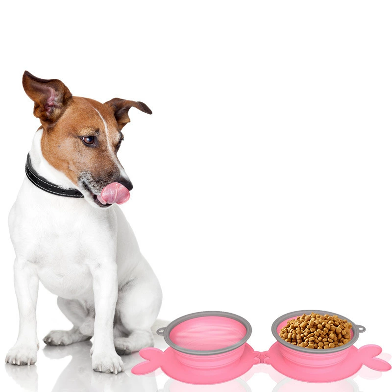 Трансграничная новая силиконовая складная миска для домашних животных на открытом воздухе для путешествий портативная миска для кормления домашних животных с защитой от удушья, двойная миска оптом