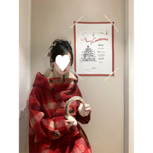 秋冬圣诞新年红重工设计感牛角扣连帽毛呢外套宽松保暖呢子大衣女