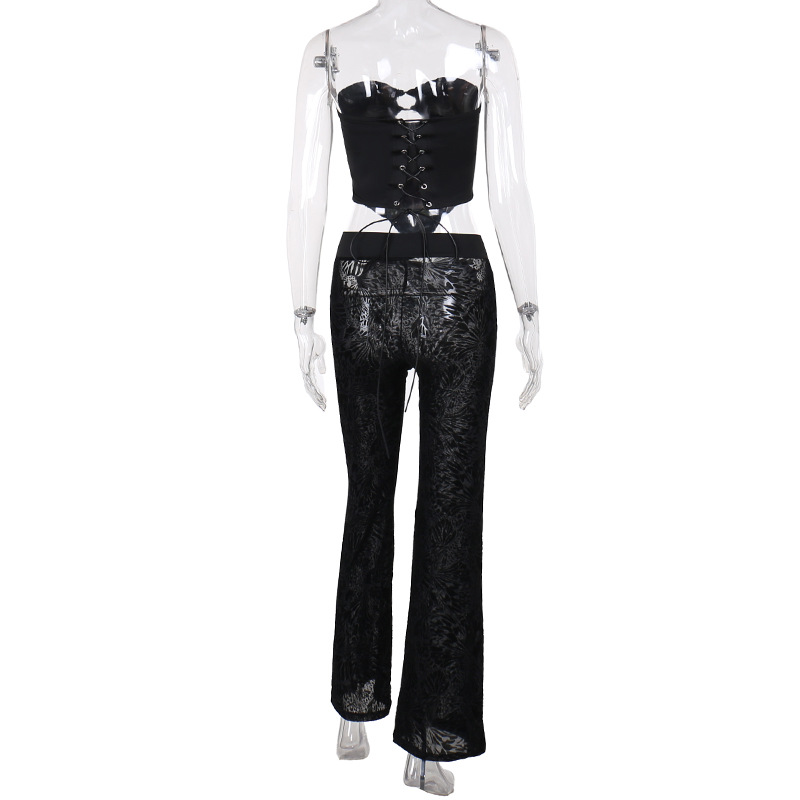 Flocking Lace Up Waist Tube Top Top Trousers Suit Spring Two Piece Suit