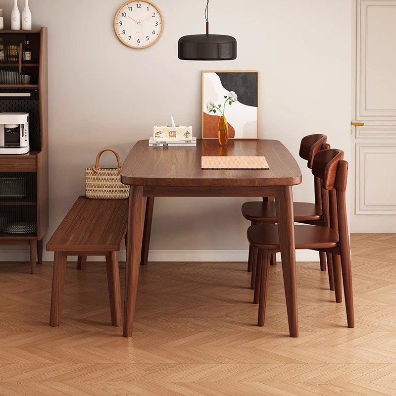 Mesa de comedor de madera sólida, mesa de comedor de pequeña casa de alquiler simple, mesa de comedor larga, combinación de mesa y silla moderna de madera de nuez