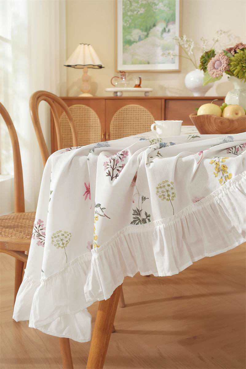 Cotton Printed Green Floral Tassel Tablecloth For Dining Table_voghion.com