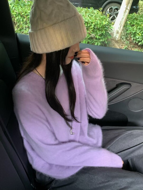 韩系秋款仿貂绒毛茸茸宽松显瘦毛衣女圆领套头针织衫简约基础内搭|undefined
