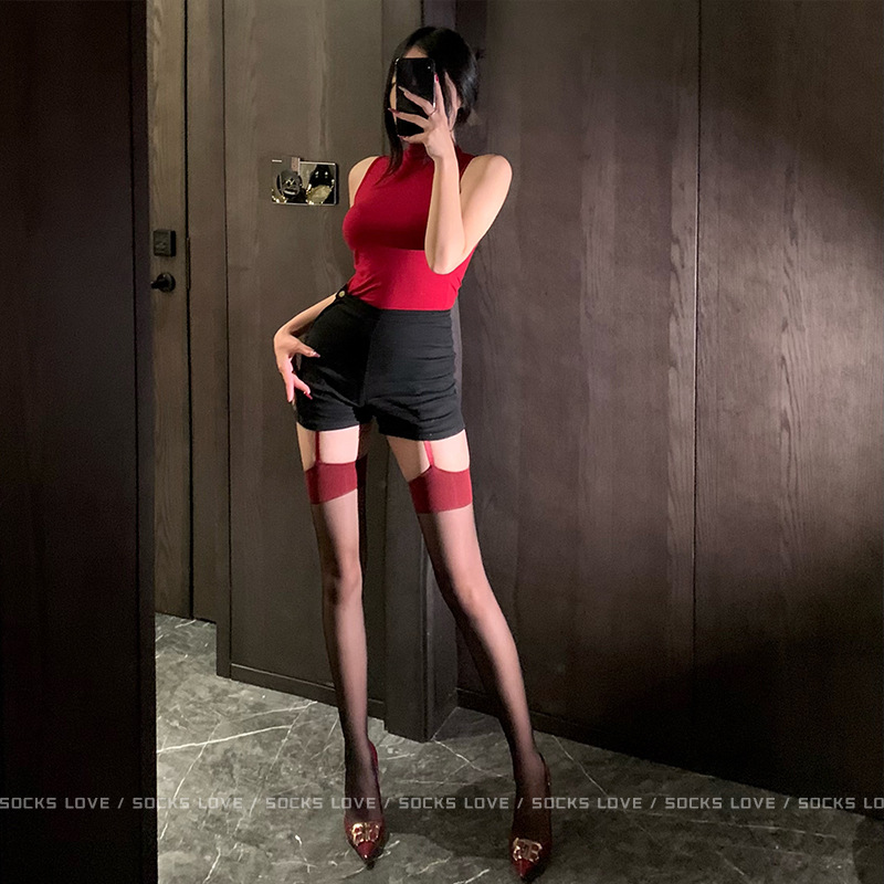 Nearly C Hanging, Sexy Pure Desire Garter Stockings, Red Edge, Contrasting Color, Wide Edge, One-Piece Stockings for Women, Cut Out Style, Black Stockings over the Knee