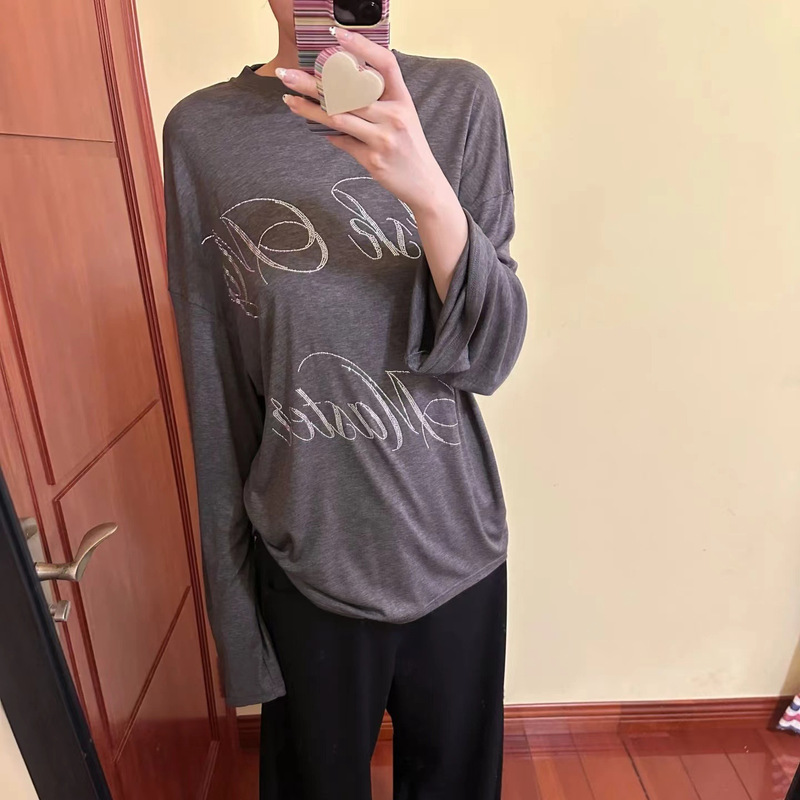 Lyocell Tencel Silk Letter Rhinestone Long-Sleeve T-Shirt for Women 2026 Spring/Summer Loose Thin Mask Tee Top