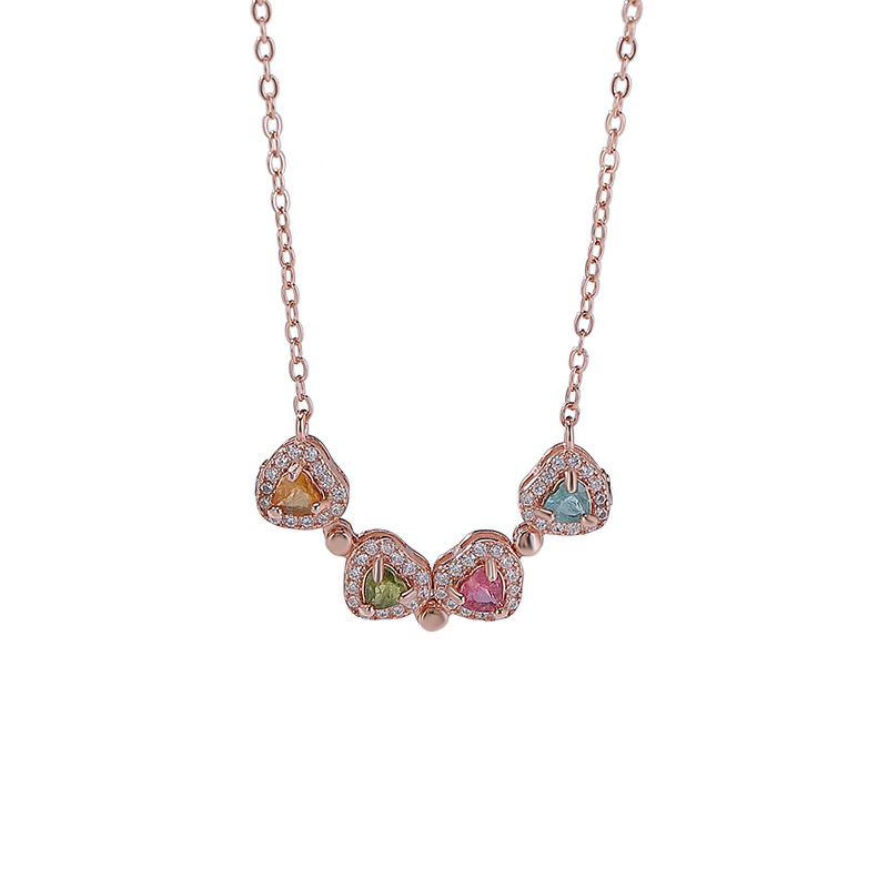 Mặt dây chuyền hình cỏ bốn lá tourmaline mạ vàng hồng bạc S925 kèm vòng cổ từ tính hình trái tim zirconium — Một mảnh (màu ngẫu nhiên của tourmaline) (bao gồm cả dây chuyền)