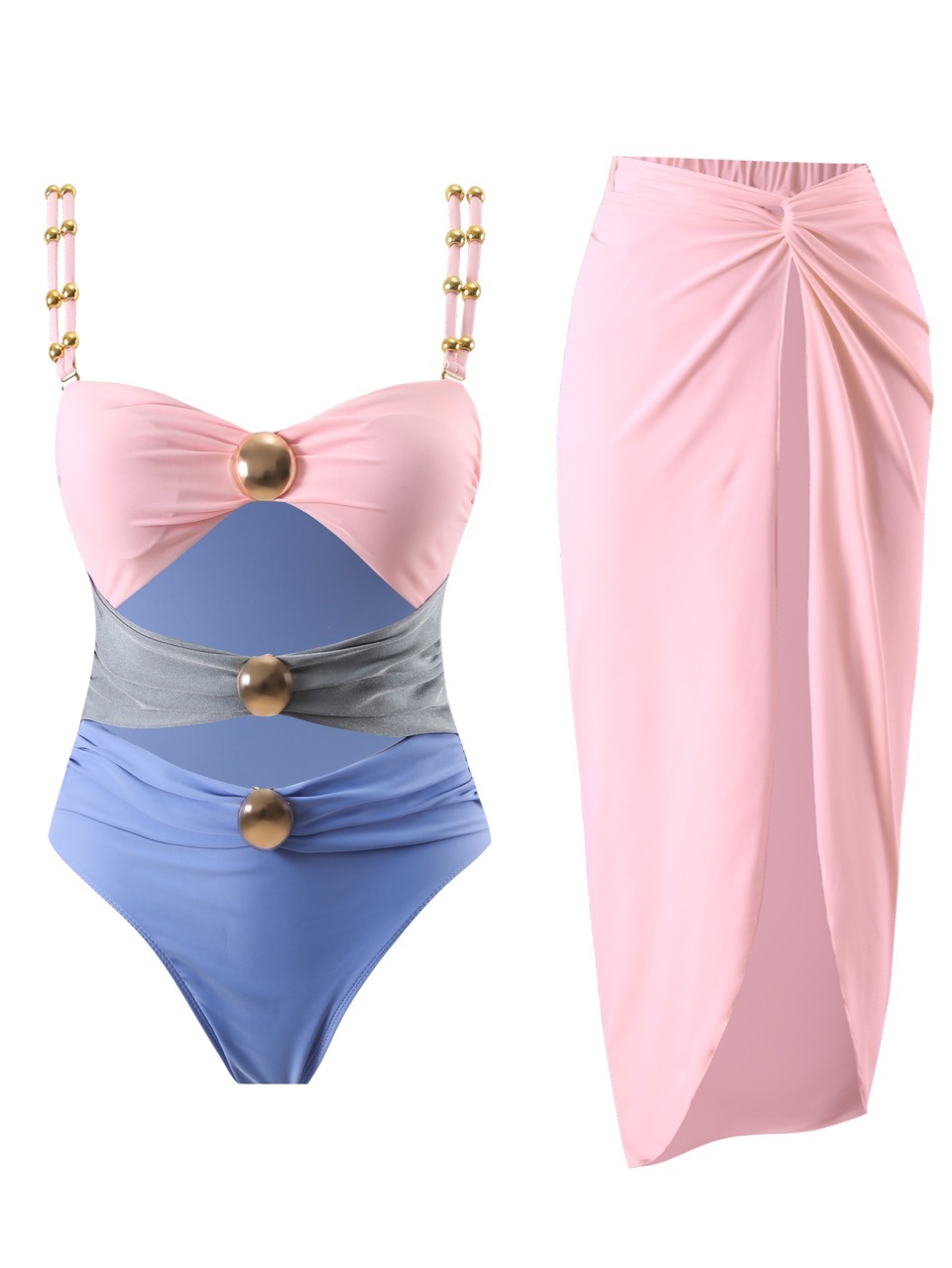 Women's Strapless Hollow Out One Piece Swimsuit Sexy Vacation Style Summer Swimwear Two-Piece Set Dress_ecoleips.com