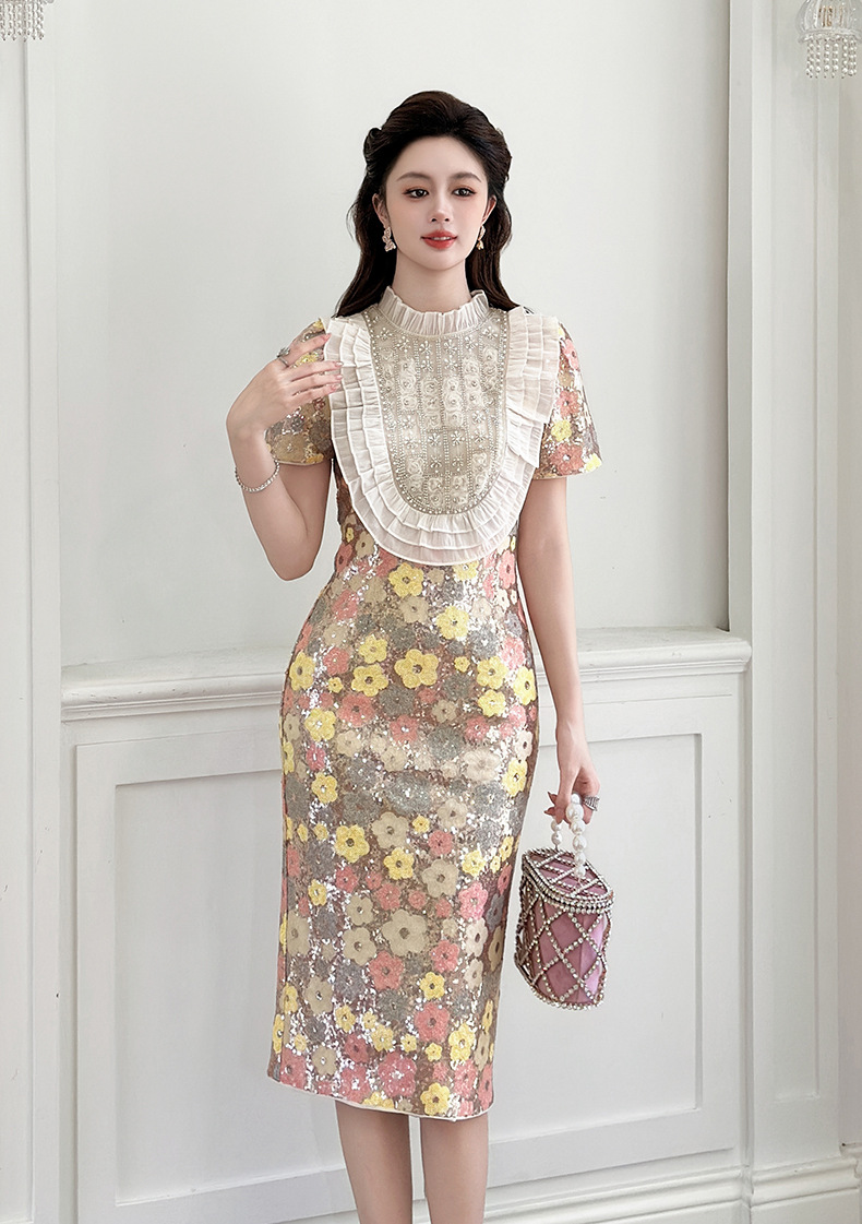 Đầm ôm body nữ thiết kế Pháp họa tiết hoa đính sequin — màu chi tiết 7