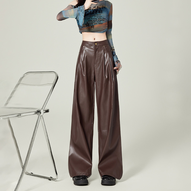 검은 가죽 바지 여성의 가을 2024 새로운 높은 허리 느슨한 스트레이트 슬리밍 PU 가죽 넓은 다리 바지