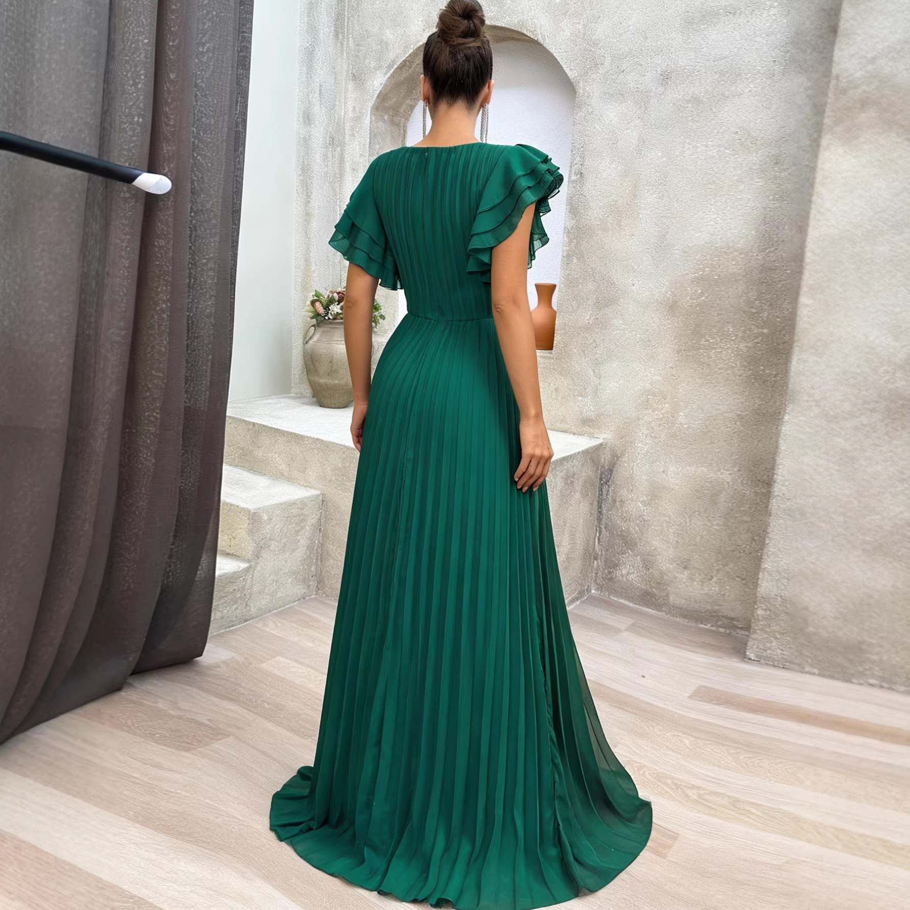 661W New European And American Fashion Women's Mid-Waist Slimming Long Pleated Dress, Large Hem Gown_ecoleips.com