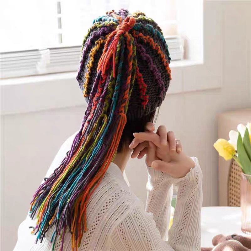 秋冬の個性的なドレッドヘアキャップ、女性用帽子、ウィッグキャップ一体型、クリエイティブな手編み帽子、多用途な手編み|undefined