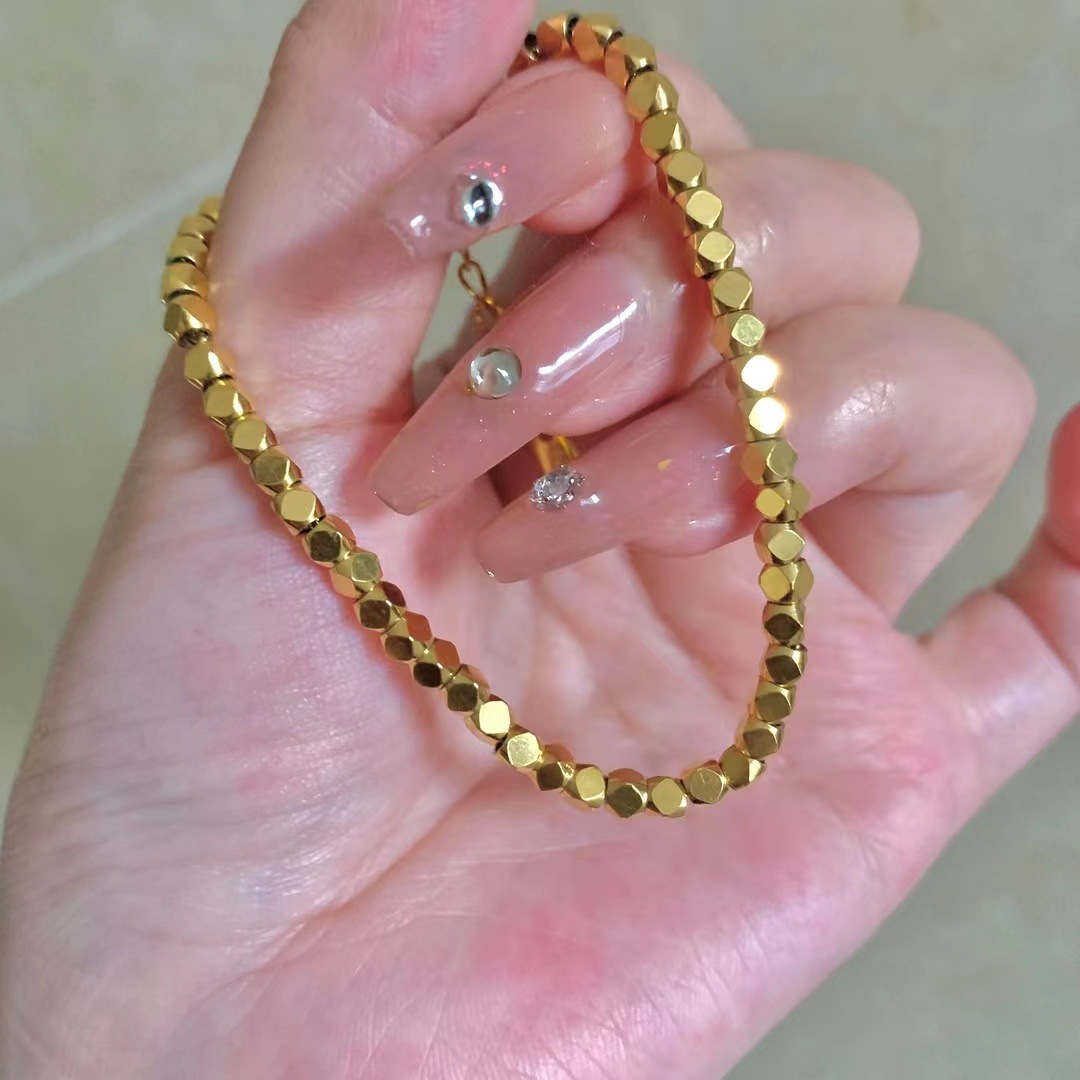 Korean Broken Silver Few Taels of Square Titanium Steel Bracelets for Women Electroplated 24K Gold Hand-Beaded Geometric Rhombus Bracelets