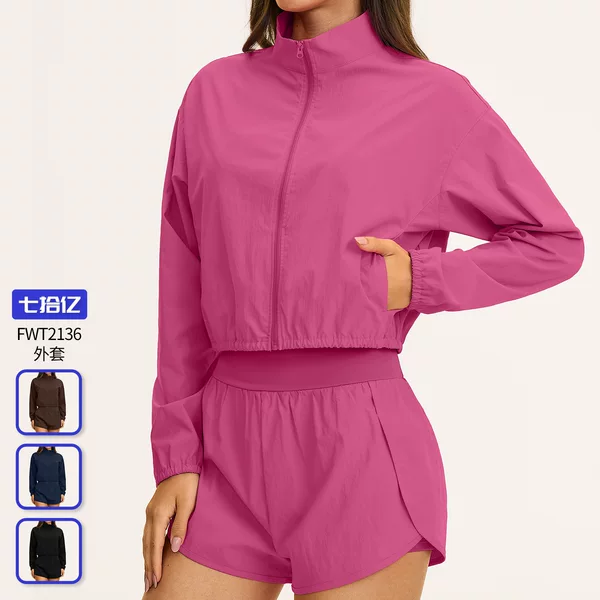 Cross-border Amazon sports windproof stand-up collar jacket, breathable top, quick-dry short zip-up jacket for women 2136
