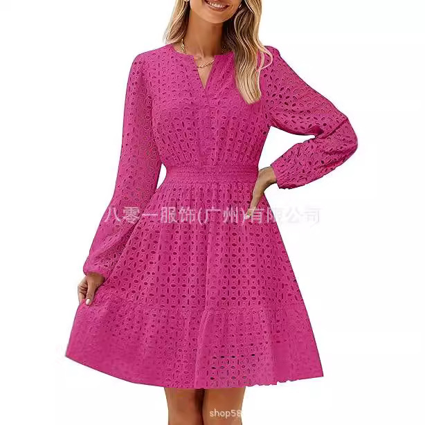 2024 European and American Foreign Trade Cross-border Women's Clothing Amazon Explosions V-neck Hollow Eyelet Embroidery Cotton Long Sleeve dress